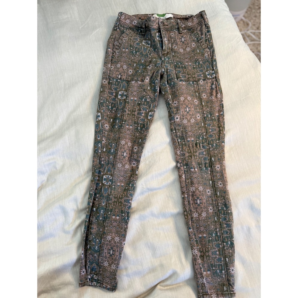 Anthropologie Printed Slim Ankle‎ Pants Green Pink Tapestry Pattern Size 25
